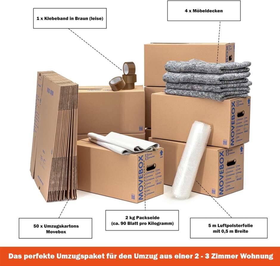 Umzugspaket 2-3 Zimmer Wohnung | Umzugsset 50 Umzugskartons 2-wellig + 2kg Packseide + 2x 0,5x5m Luftpolsterfolie + 1x 50x66lfm Klebeband Braun + 4 Umzugsdecken 130x200cm – Bild 4