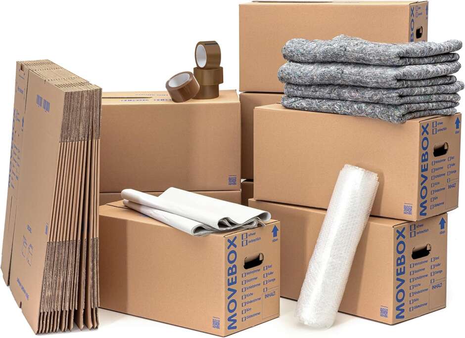 Umzugspaket 2-3 Zimmer Wohnung | Umzugsset 50 Umzugskartons 2-wellig + 2kg Packseide + 2x 0,5x5m Luftpolsterfolie + 1x 50x66lfm Klebeband Braun + 4 Umzugsdecken 130x200cm