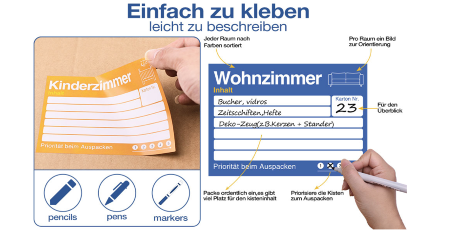 Umzugsetiketten 15 x 10cm, Umzugsaufkleber zum Beschriften von Umzugskartons, 8 Farben Aufkleber Bunte Etiketten Selbstklebend Sticker für Übersicht beim Umzug – Bild 4